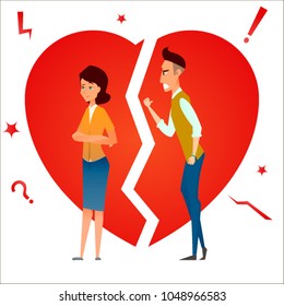 Divorce. Fight and argue. Two people quarrel. Family conflict. Break up relationship. Married couple man and woman angry, sad against broken heart.. Cartoon characters. Vector illustration