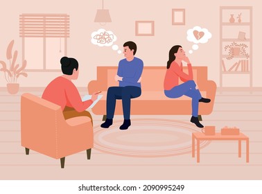 Divorce flat composition demonstrating psychologist working with unhappy sad couple sitting on couch with their backs turned away vector illustration
