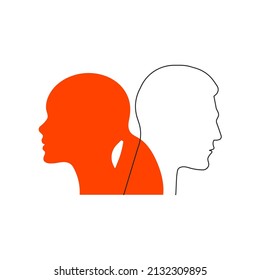 Divorce flat concept. Problems in family icon with male and female profiles. Quarrel, separation sign