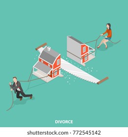 Divorce Flat Isometric Vector Concept. Man And A Woman Are Dragging Their Half Of The Sawn House.