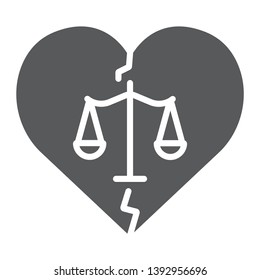 Divorce glyph icon, law and marriage, broken heart sign, vector graphics, a solid pattern on a white background, eps 10.