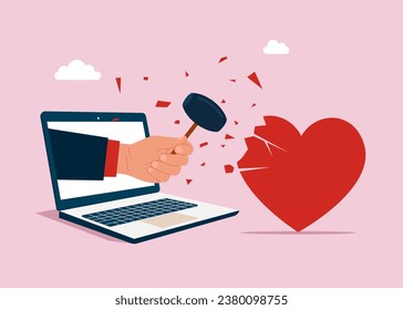Divorce. Hand with sledgehammer stepping out of the laptop screen holding and breaks broken heart 