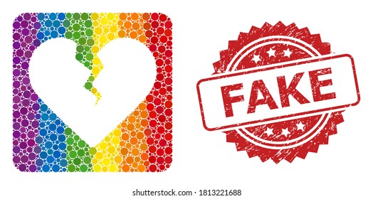 Divorce heart collage icon of round dots in various sizes and LGBT colorful color tints, and Fake textured rosette stamp seal. A dotted LGBT-colored Divorce heart for lesbians, gays, transgenders,