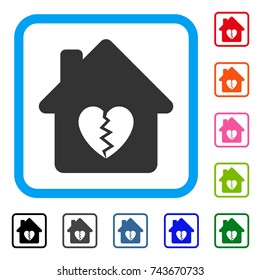 Divorce House Heart icon. Flat grey iconic symbol inside a blue rounded frame. Black, gray, green, blue, red, orange color additional versions of Divorce House Heart vector.