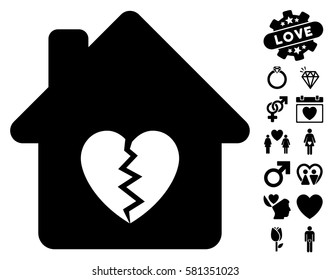 Divorce House Heart pictograph with bonus lovely images. Vector illustration style is flat iconic black symbols on white background.