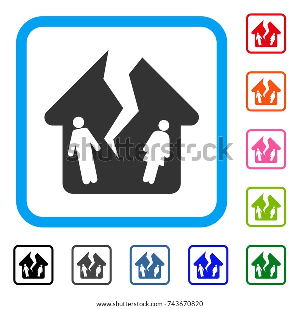 Divorce House icon. Flat gray iconic symbol\
in a blue rounded rectangular frame. Black, gray, green, blue, red,\
orange color variants of Divorce House vector. Designed for web and\
app interfaces.