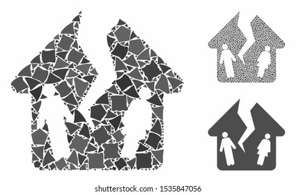Divorce house mosaic of rugged elements in variable sizes and color tints, based on divorce house icon. Vector rugged pieces are grouped into collage. Divorce house icons collage with dotted pattern.