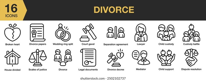 Conjunto de iconos de divorcio. Incluye corazón roto, mazo de la corte, Asistencia infantil, divorcio, abogado y más. Colección de Vector de iconos de contorno.