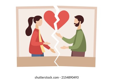 Divorce Icon. Torn Photo Of Couple In Love. Break Up. End Of Family Life. Separation Ex-wife And Husband. Crisis Relationship. Unhappy Love. Vector Flat Illustration 