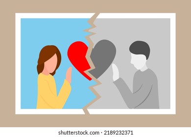 Divorce icon. Torn photo of couple in love. Break up. End of family life. Separation ex-wife and husband. Crisis relationship. Unhappy love. Vector flat illustration