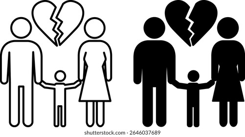 Divorce Icons. Black And White Vector Illustration. Official Termination Of Marriage Between Spouses. Woman, Man, Child, And Broken Heart. Concept Psychology
