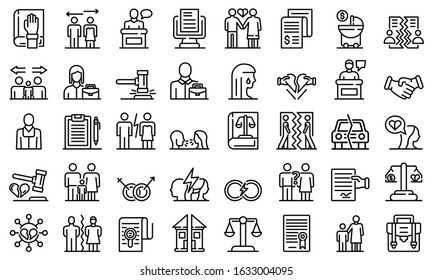 Divorce icons set. Outline set of divorce vector icons for web design isolated on white background