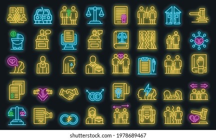 Divorce icons set. Outline set of divorce vector icons neon color on black