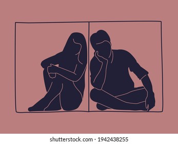 Divorce illustration concept. Separated by a wall couple. A man and a woman split up in isolation. Vector. 