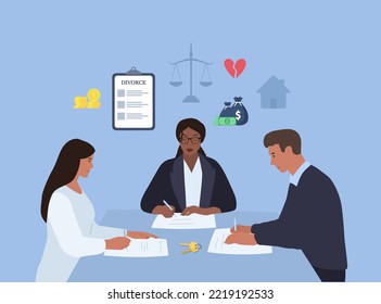 Divorce. Lawyer consultation. Property split. Marriage brokeup. Husband and wife divorce agreement. Vector