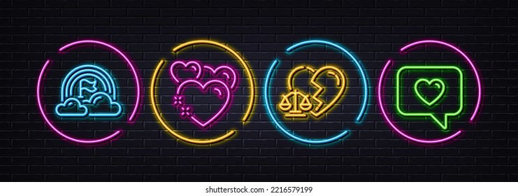 Divorce lawyer, Heart and Lgbt minimal line icons. Neon laser 3d lights. Love message icons. For web, application, printing. Broken heart, Love, Rainbow flag. Dating service. Vector