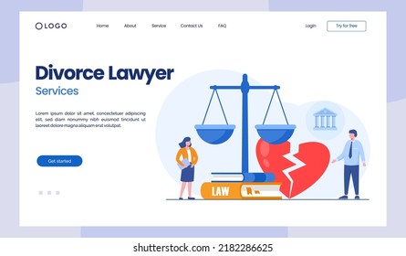 divorce lawyer, law and legal, justice, conflict and problem, separation, flat illustration vector landing page 