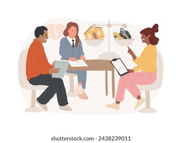 Divorce lawyer service isolated concept vector illustration. Family lawyer, divorce process, legal service consultation, law firm aid, child support, life estate deeds advice vector concept.