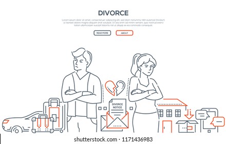 Divorce - line design style banner on white background with place for your text. A composition with young couple breaking up, dividing property and possessions, car, house. Relations concept