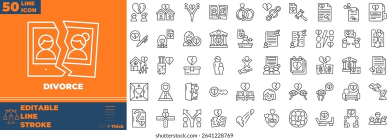 Divorce Line Editable Icons set. Vector illustration in modern thin line style of divorce icons: broken heart, court gavel, child, etc