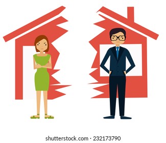 Divorce. Man And Woman Divide House. Vector Illustration