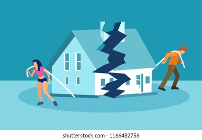 Concepto vectorial de los problemas de divorcio y matrimonio. Hombre y mujer están arrastrando su mitad de casa.