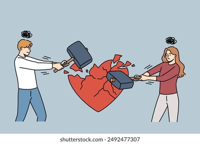 Divorce of married couple due to lack of love between spouses, breaking heart with hammer. Divorce of young family who became victims of unjustified expectations and problems destroying relationships