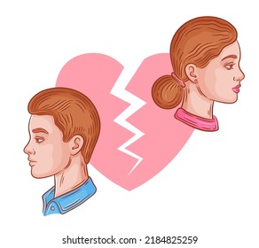 Divorce Married Couple, Love Relationship Break Up, Quarrel, Separation Man And Woman Icon. Husband And Wife. Marriage Conflict, Family Breakup. Broken Heart, Disengagement. Unhappy Pair. Flat Vector