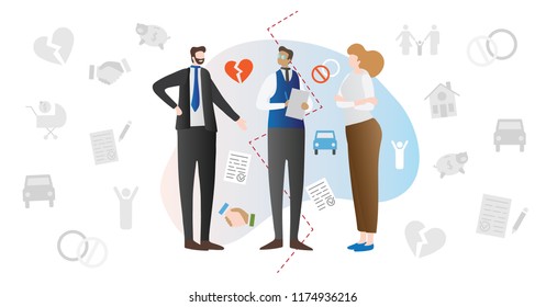 Divorce mediation married couple conflict concept vector illustration with wife, husband and mediator lawyer discussing breakup contract. Relationship problems and legal advice scene.