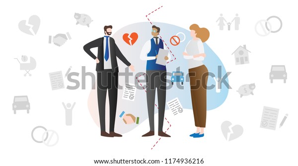 Divorce\
mediation married couple conflict concept vector illustration with\
wife, husband and mediator lawyer discussing breakup contract.\
Relationship problems and legal advice\
scene.