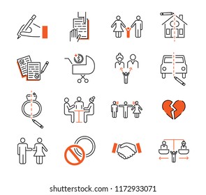 Divorce Mediation Outline Icon Collection. Vector Illustration Set With Sign, Agreement, Children, House, Car And Property. Relationship Breakup And Compromise Discussion