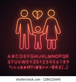 Divorce neon light icon. Parental conflicts. Marriage breakup. Couple break up. Joint child custody. Glowing sign with alphabet, numbers and symbols. Vector isolated illustration