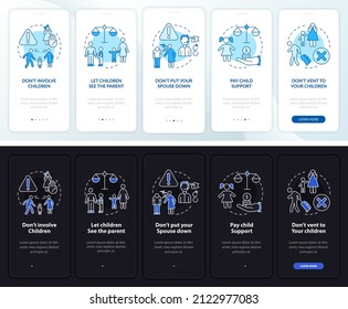Divorce night and day mode onboarding mobile app screen. Survive tips walkthrough 5 steps graphic instructions pages with linear concepts. UI, UX, GUI template. Myriad Pro-Bold, Regular fonts used
