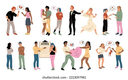 Divorce people. Disintegrating couples, marital infidelity, quarreling men and women, family separation, husband and wife quarreling and arguing, tidy vector cartoon flat conflict set