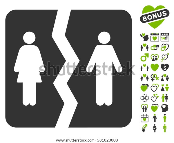 Divorce pictograph with bonus decorative\
pictograms. Vector illustration style is flat iconic eco green and\
gray symbols on white\
background.