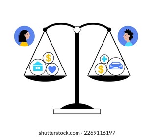Divorce procedure concept. Official process of terminating a marriage or marital union and division of assets on divorce. End of relationship between a married couple flat vector illustration