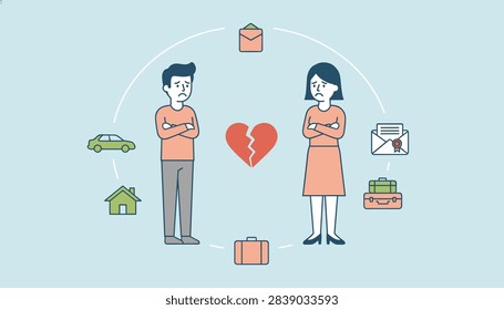 Divorce process conceptual illustration showing a sad couple with a broken heart and various split assets around them.