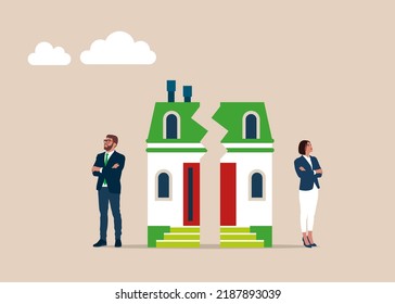 Divorce, property division. Vector illustration Home Ownership Concept. House, Arguing. Flat cartoon design.