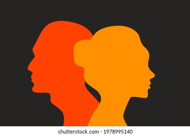 Сoncept of divorce,  quarrel between man and woman. Male and female profiles. Family relationships break up, hatred