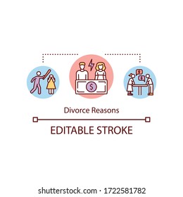 Divorce reasons concept icon. Family destruction factors idea thin line illustration. Physical and psychological abuses, financial problems. Vector isolated outline RGB color drawing. Editable stroke