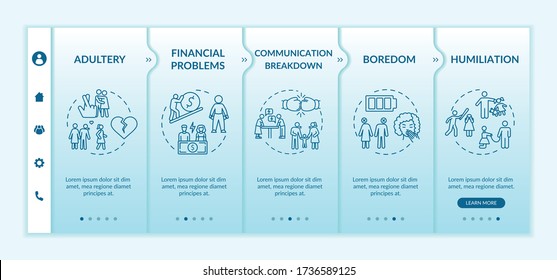 Divorce reasons onboarding vector template. Marriage dissolution causes. Boredom and humiliation. Responsive mobile website with icons. Webpage walkthrough step screens. RGB color concept