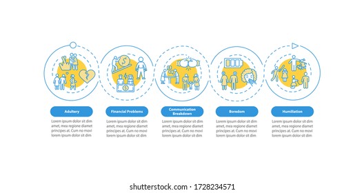 Divorce reasons vector infographic template. Couples relationship problems presentation design elements. Data visualization with 5 steps. Process timeline chart. Workflow layout with linear icons