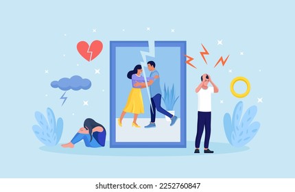 Divorce. Relationship breakup. Husband and wife feeling crisis, problems and conflict. Disagreement, misunderstanding in family.  Couple lovers photo torn apart. Man and a woman in quarrel