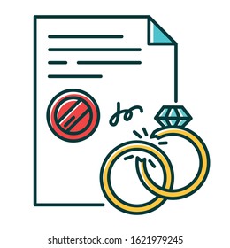 Divorce RGB color icon. Formal ending of marriage. Legal separation. Judicial declaration of marriage disolution. Breakup. Notary services. Apostille and legalization. Isolated vector illustration