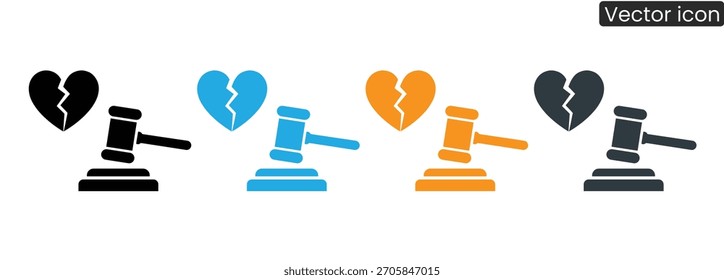 Decisão de divórcio com coração partido e martelo. Fim legal e emocional de um casamento, acordo de separação e acordo. A justiça e a lei prevalecem.
