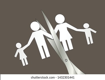 divorce, scissors cut paper silhouette of family, horizontal vector illustration