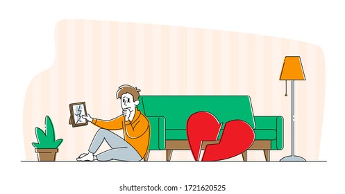 Concepto de Divorcio o Separación. Deprimido personaje de hombre roto en el corazón sentado en el suelo con trozos de corazón rojo roto y llorando. Fin del amor y las relaciones amorosas, soledad. Ilustración de vectores lineales
