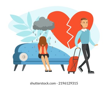 Divorce, Separation and Family Breakdown with Crying Woman on Sofa and Man with Suitcase Leaving Home Vector Illustration