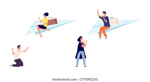 Divorce or separation. Girl guy walk away from partners. Bad relationships, frustrated and happy people. Man flies away on paper airplane vector illustration