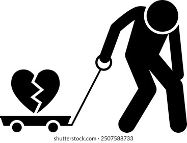 Divorce separation or heartbreak clip art icon symbol. Unrequited love concept. Sad man carrying broken heart. Isolated flat vector illustration.